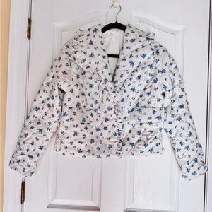 Janae Floral Quilted Ruffle Jacket Cottagecore  Blue White Size Small